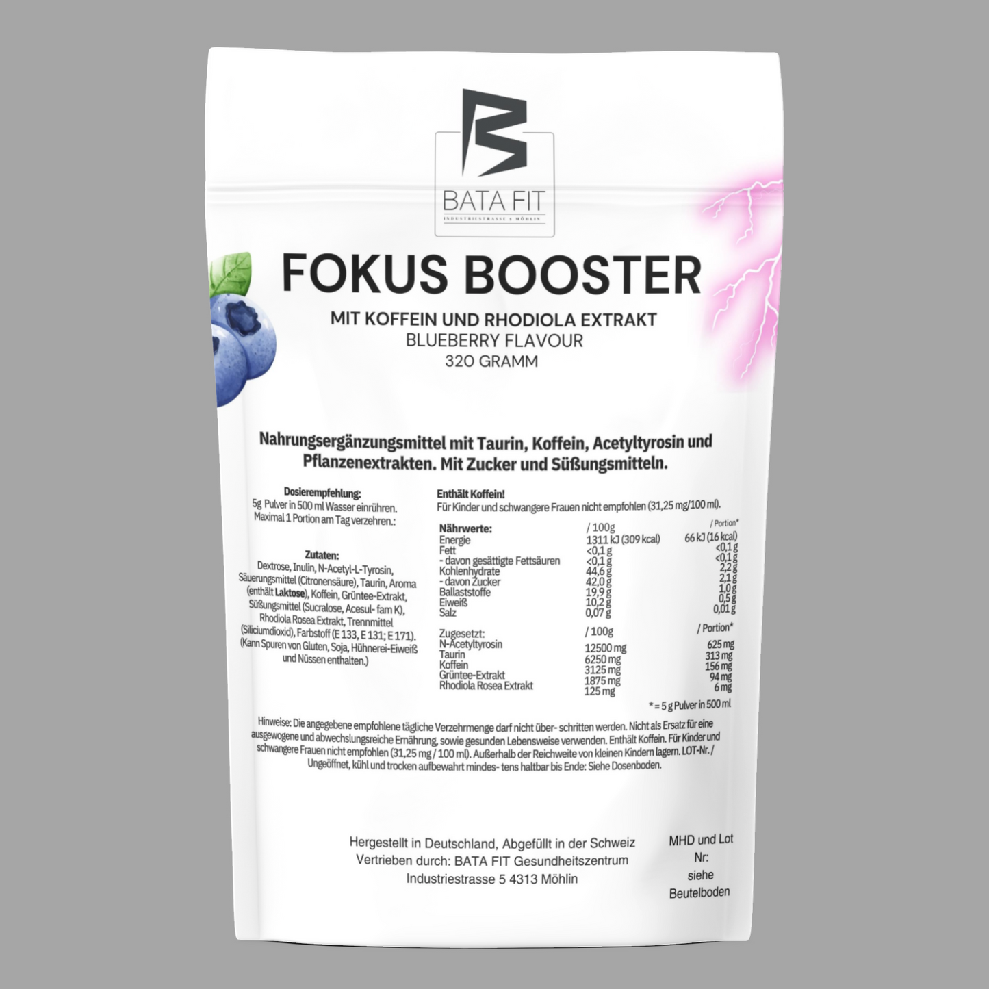 Blue Wave Booster - Pre Workout Concentration Booster - Blueberry Flavor - With Caffeine and Rhodiola
